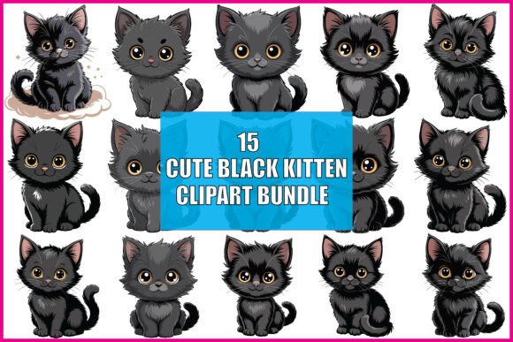 Cute Black Kitten Clipart Bundle: Graphics for Whimsical Design