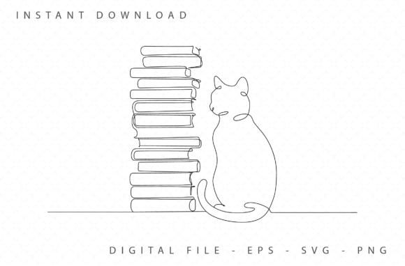 Cute Cat with Tall Book Stack Graphics