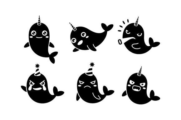 Cute Narwhal Character Icon Set EPS