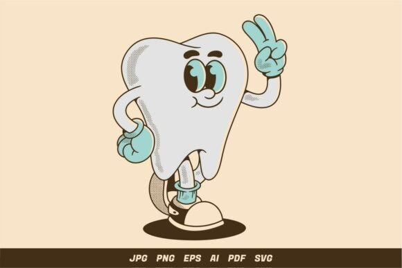 Cute Tooth Character with Peace Sign Graphics