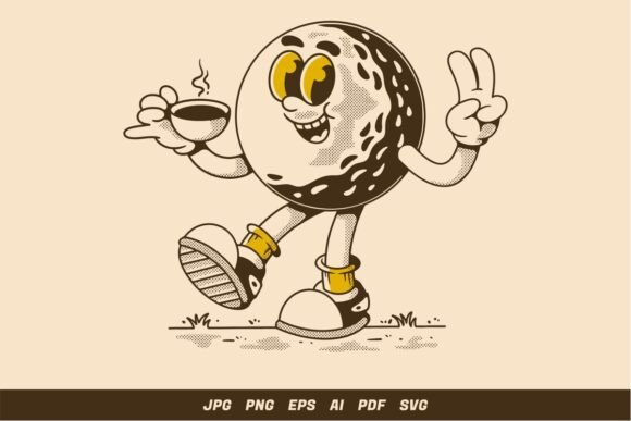 Happy Golf Character Holding Coffee Cup Graphics