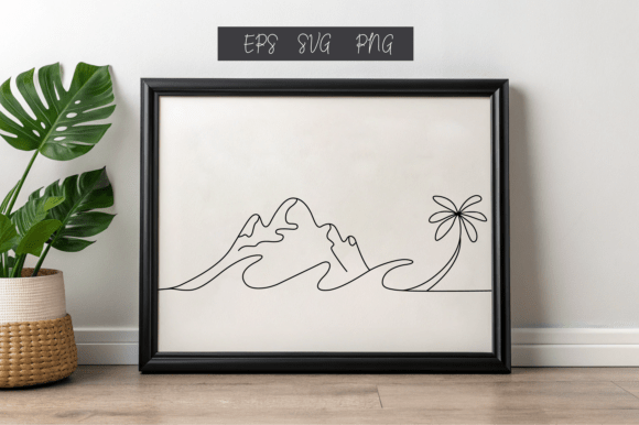 One Line Drawing of Mountains and Palm: Graphics for Creative Projects