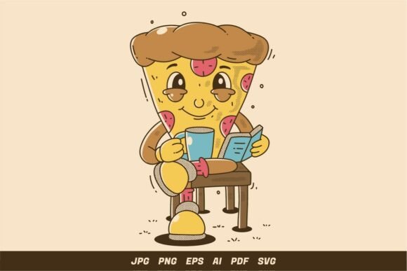 Pizza Character Reading with Coffee Graphics and Illustrations