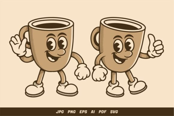 Retro Coffee Cup Character in Two Pose