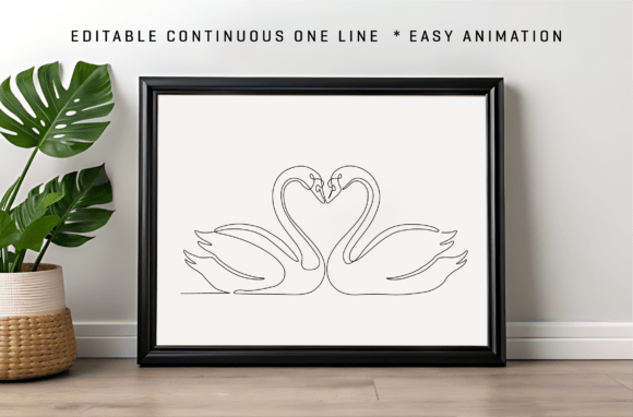 Two Swans Form Heart Continuous Line Art Graphics
